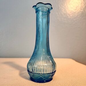 MCM Randall Blue Glass Bud Vase Stripe Drape Vintage Flower Top